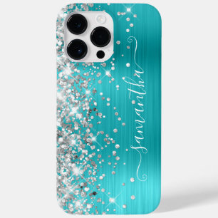 Funda Para iPhone 14 Pro Max De Case-Mate Turquesa Azul Brillo Plateado Firma Femenina