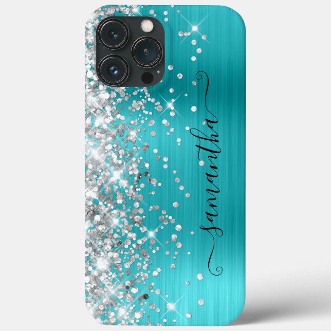 Funda De Case-Mate Para iPhone Turquesa Azul Brillo Plateado Firma Femenina (Reverso )