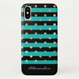 Funda Para iPhone X Turquesa del monograma con las rayas negras y el