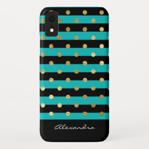 Funda Para iPhone XR Turquesa del monograma con las rayas negras y el