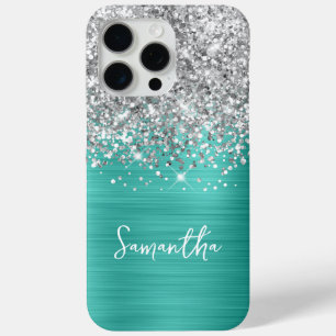 Funda Para iPhone 15 Pro Max Turquesa Glam Nombre Brillo Plateado