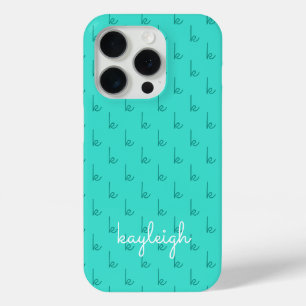 Funda Para iPhone 15 Pro Turquesa Moderna Monograma Nombre Color Sólido V