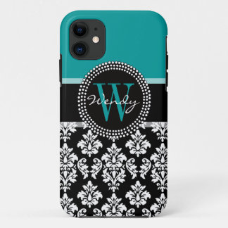 Funda Para iPhone 11 Turquesa, nombre negro de la inicial del modelo