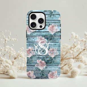 Funda Para iPhone 11 Turquesa Rosa Floral Monograma Chic Desgastado