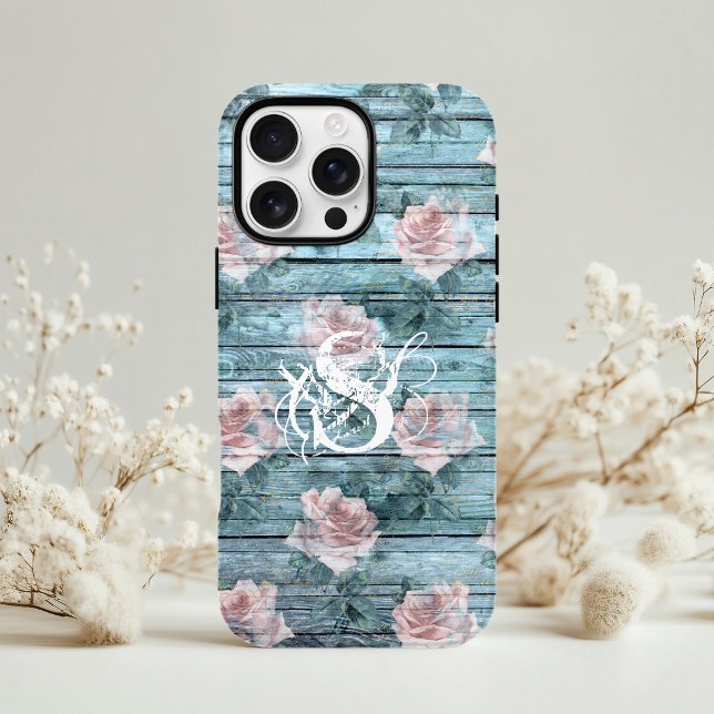 Funda De Case-Mate Para iPhone Turquesa Rosa Floral Monograma Chic Desgastado (Subido por el creador)