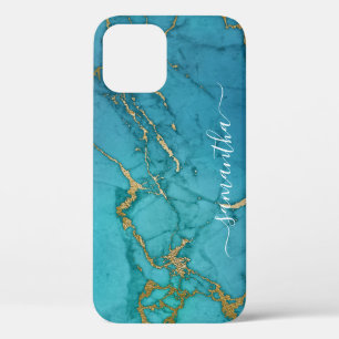 Funda Para iPhone 12 Turquoise Gold Marble Stone Nombre manuscrito