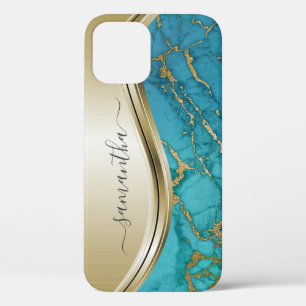Funda Para iPhone 12 Turquoise Gold Marble Stone Nombre manuscrito