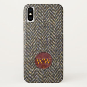Funda Para iPhone X Tweed de la raspa de arenque y monograma del cuero