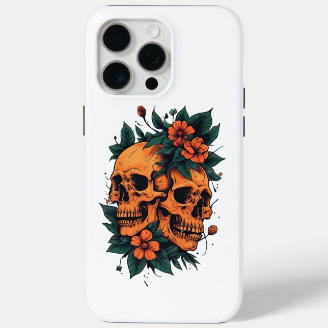 Funda De Case-Mate Para iPhone Twin Skulls with Orange Florals Gothic (Reverso )