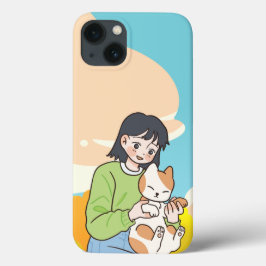 Funda Para iPhone 13 Un chica con su gato amoroso