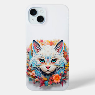 Funda Para iPhone 15 Mini Un gato azul blanco lindo con flores Recorte de pa