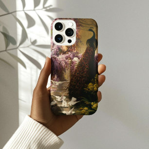 Funda Para iPhone 15 Pro Max Un pavo real y palomas en un jardín, Eugene Bidau