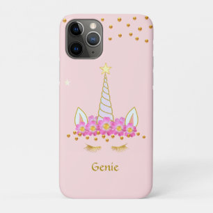Funda Para iPhone 11 Pro Unicornio, confeti dorado y flores en rosa claro