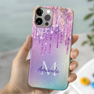 Funda Para iPhone 15 Unicornio rosa chic que gotea monograma de brillo