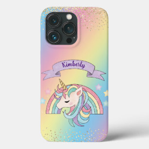 Funda Para iPhone 13 Pro Unicornio y arcoíris brillante con purpurina dorad