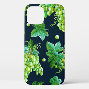 Funda Para iPhone 12 Uva verde acuarela, hojas sobre fondo oscuro.