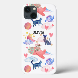 Funda Para iPhone 13 Vaca corta en avión, espacio, gatos, luna, estrell