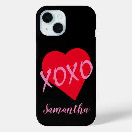 Funda Para iPhone 15 Valentine Red Heart Rosa XOXO Negro Simple Cute