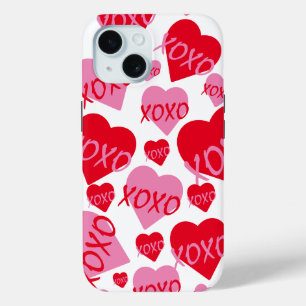 Funda Para iPhone 15 Valentine XOXO Corazón Pink Rojo Patrón moderno Bl