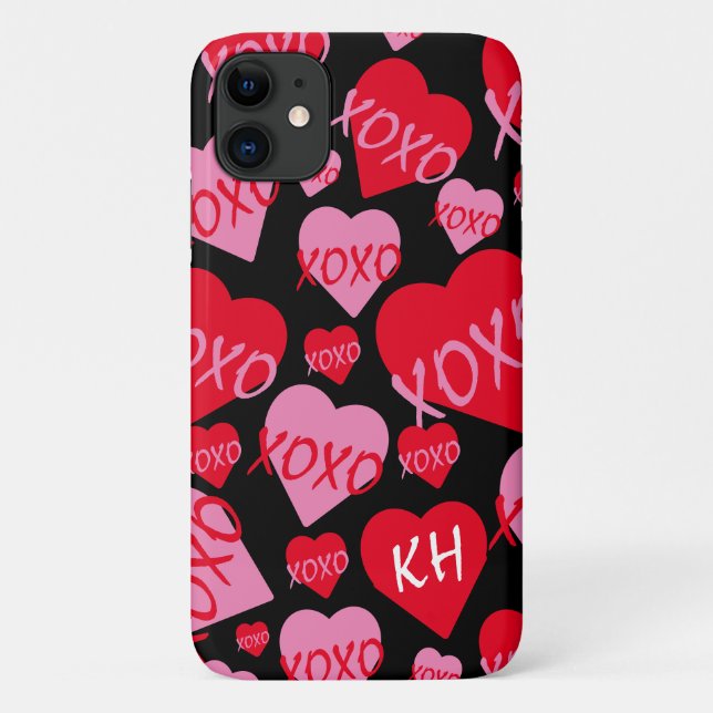Funda De Case-Mate Para iPhone Valentine XOXO Heart Pink Red Pattern Black Name (Reverso)