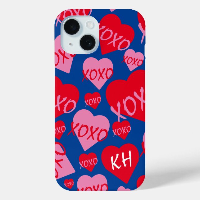 Funda De Case-Mate Para iPhone Valentine XOXO Heart Pink Red Pattern Blue Name (Reverso )