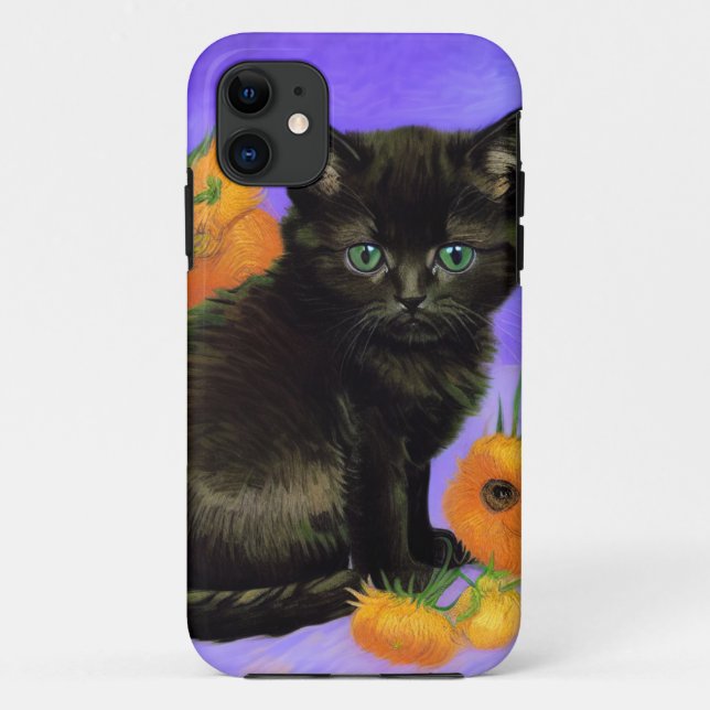 Funda De Case-Mate Para iPhone Van Gogh Black Kitten con girasoles (Reverso)