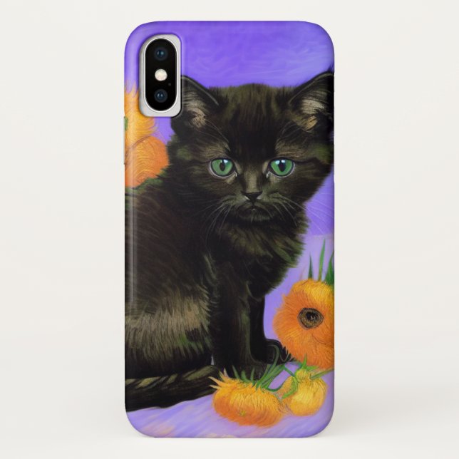 Funda De Case-Mate Para iPhone Van Gogh Black Kitten con girasoles (Reverso)