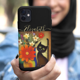 Funda Para iPhone 11 Vasos de flores con imagen de gato negro Añadir no