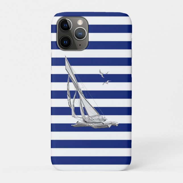Funda De Case-Mate Para iPhone Vela cromada en franjas náuticas (Reverso)