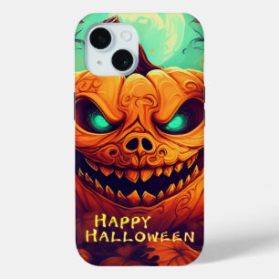 Funda Para iPhone 15 Velas de Calabaza de Ojos Turquesa Luna Llena Hall