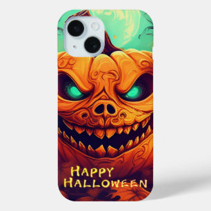 Funda Para iPhone 15 Velas de Calabaza de Ojos Verdes Luna Llena Hallow