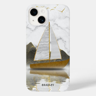 Funda Para iPhone 14 De Case-Mate Velero Navegando Moderno Estilo Mármol Dorado Nomb