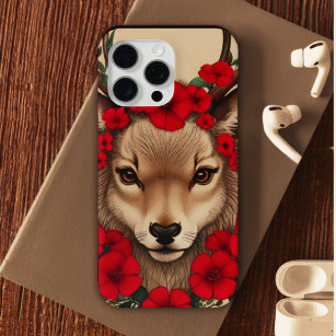 Funda Para iPhone 15 Pro Max Venado Cubierto De Flores Rojas