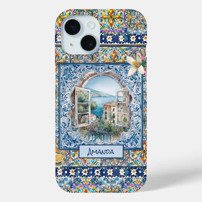 Funda De Case-Mate Para iPhone verano azulejos azules florales italianos cítricos (Reverso )