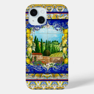 Funda Para iPhone 15 verano italiano Majolica azulejos azules jardín de