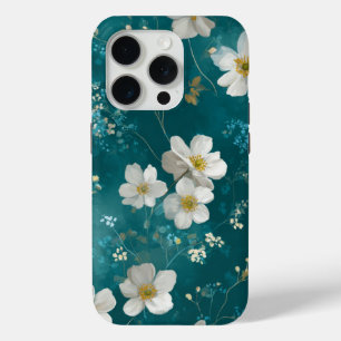 Funda Para iPhone 15 Pro Verde Azul Con Suaves Flores Blancas