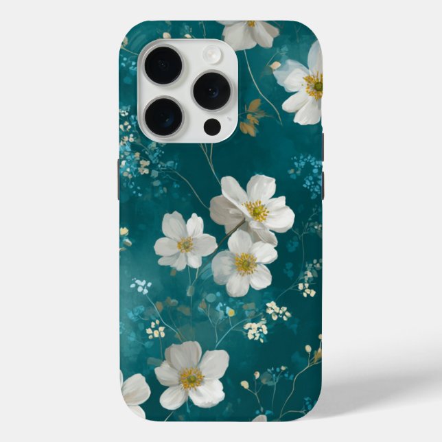 Funda De Case-Mate Para iPhone Verde Azul Con Suaves Flores Blancas  (Reverso )