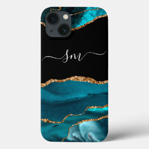 Funda Para iPhone 13 Verde azulado Agante azul Monograma Guión Piedra O