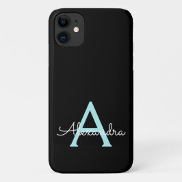 Funda Para iPhone 11 Verde azulado Aqua Blue Girly Script Monograma Nom