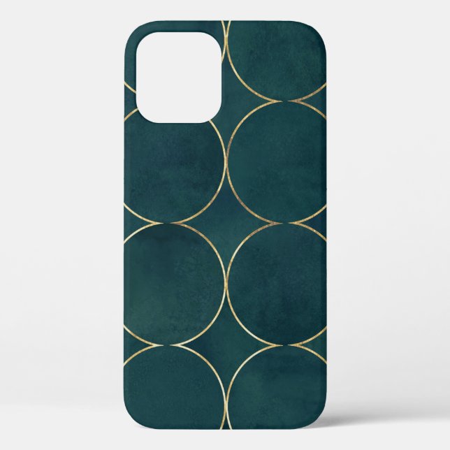 Funda De Case-Mate Para iPhone Verde azulado oscuro, Círculos dorados acuarela. (Reverso )