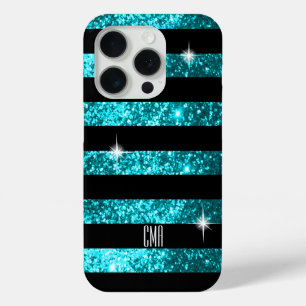 Funda Para iPhone 15 Pro Verde azulado Purpurina y franjas negras   Monogra