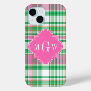 Funda Para iPhone 15 Verde Esmeralda Rosa Caliente Blanco Madras Preppy