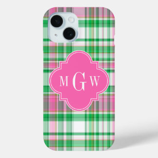 Funda Para iPhone 15 Verde Esmeralda Rosa Caliente Blanco Madras Preppy