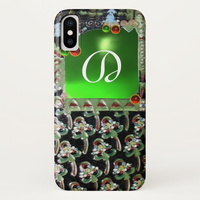 FUNDA DE Case-Mate PARA iPhone VERDE NEGRO  MONOGRAMA DE PIEDRA PRECIOSA ART NOUV (Reverso)