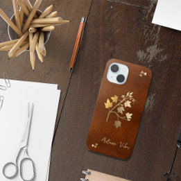 Funda Para iPhone 15 Vibraciones de otoño rama de vid dorada cuero marr