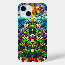 Funda Para iPhone 15 Vibrante Faux Stained Glass Christmas Tree Xmas