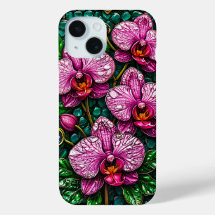 Funda Para iPhone 15 Vidrio pintado con orquídeas rosadas