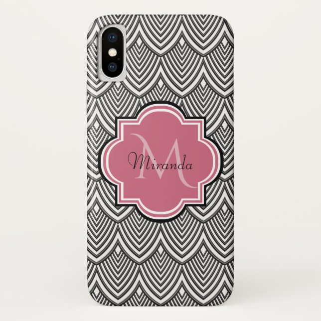 Funda De Case-Mate Para iPhone Vieiras negras de moda Monograma rosa Nombre (Reverso)