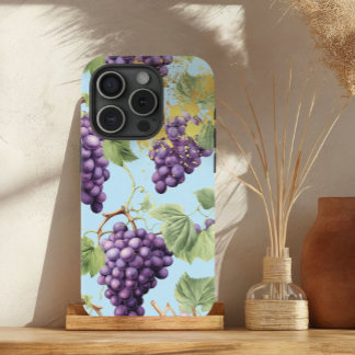 Funda Para iPhone 15 Vino morado, azul pastel y uva dorada