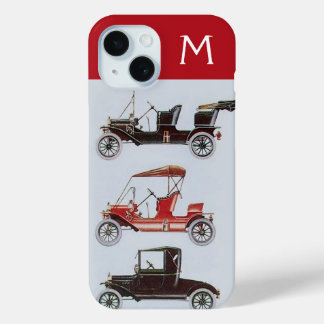 FUNDA PARA iPhone 15 VINTACIÓN AUTOS MONOGRAMA GRIS ROJO